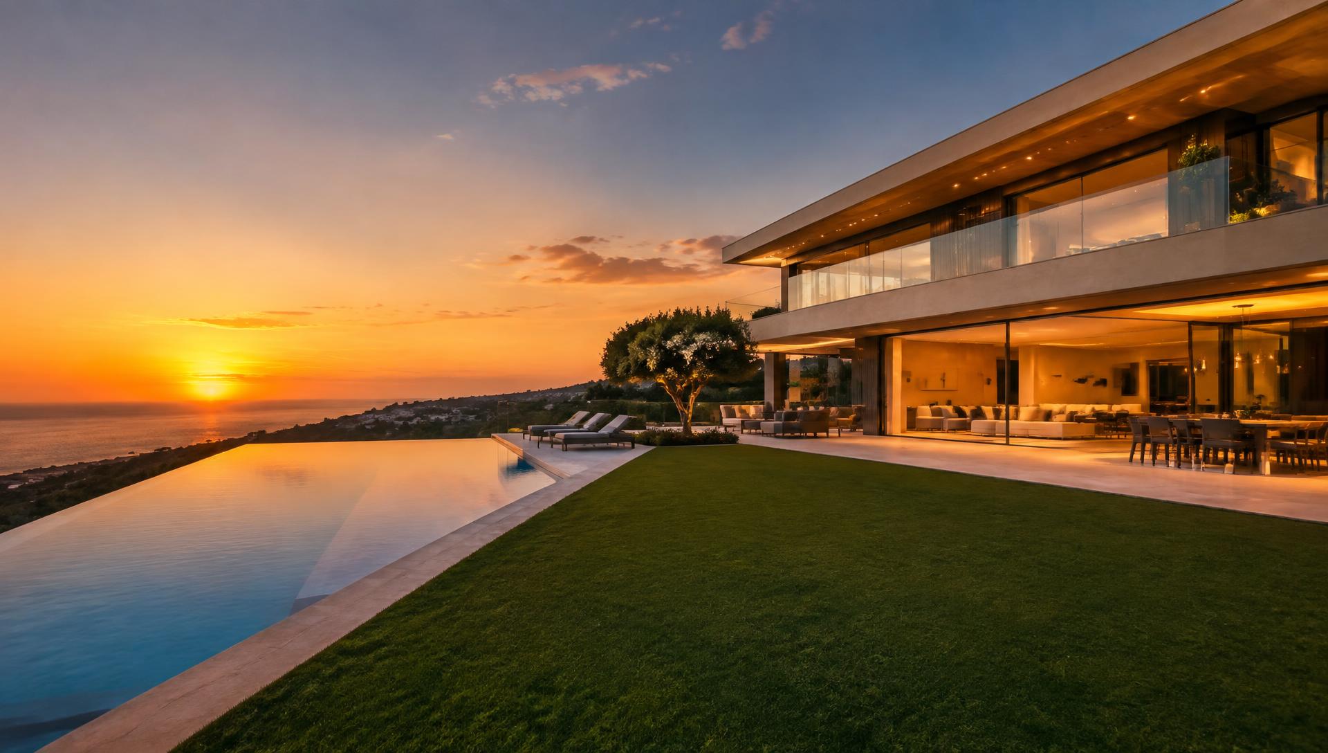 Modern luxury villa with infinity pool at golden hour