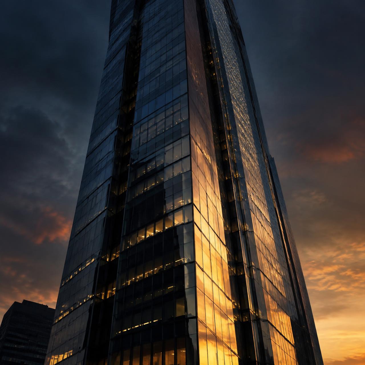 Modern glass tower at dusk